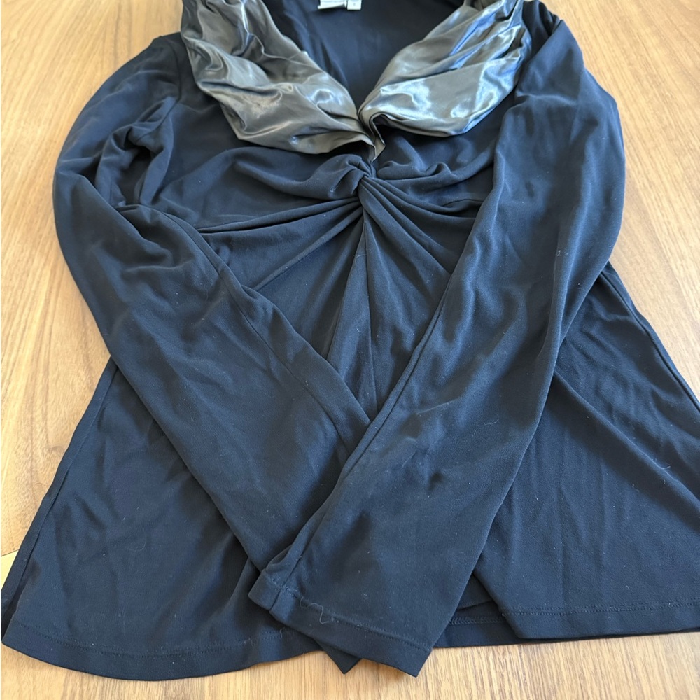 Worth Black Silk Top with Metallic Gunmetal-Grey 4” gathered collar.